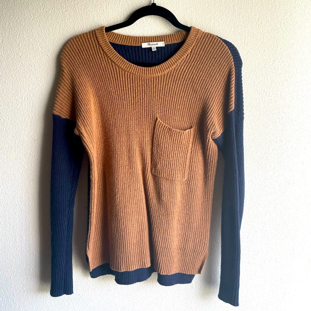 Madewell Thompson Pocket  Brown & Navy Pullover Sweater- Size XS
